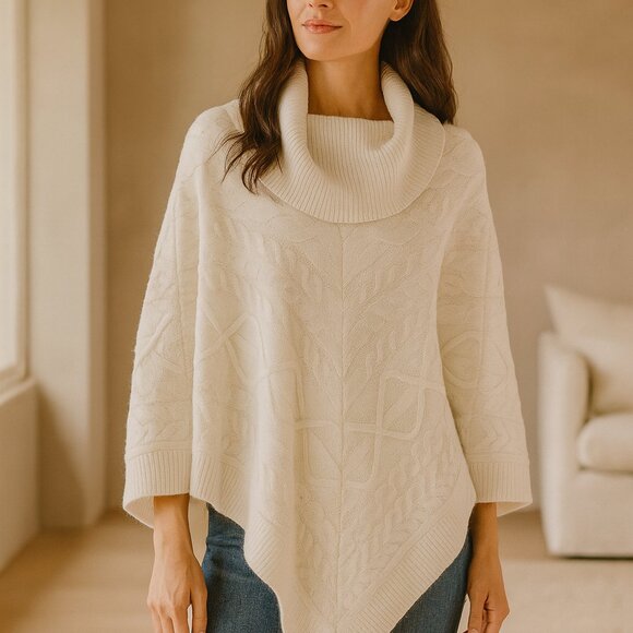 Talbots White Cable Knit Poncho Sweater Cowl Neck Cotton Blend XS NWT - Picture 1 of 7